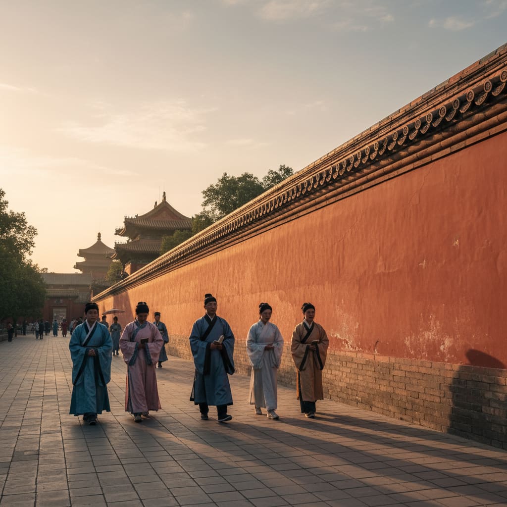 Visitors walking along a traditional red palace wall