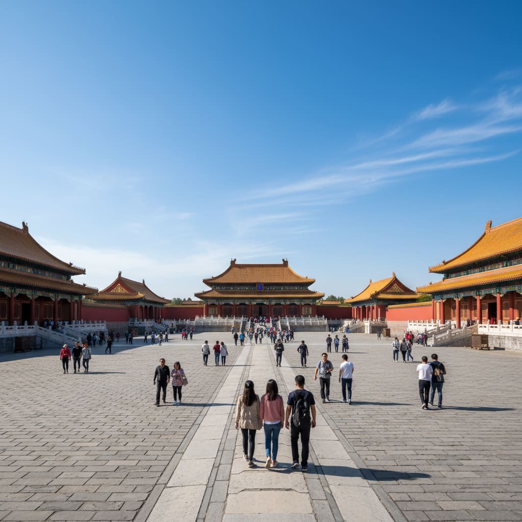 Forbidden City courtyard with red walls and golden roofs