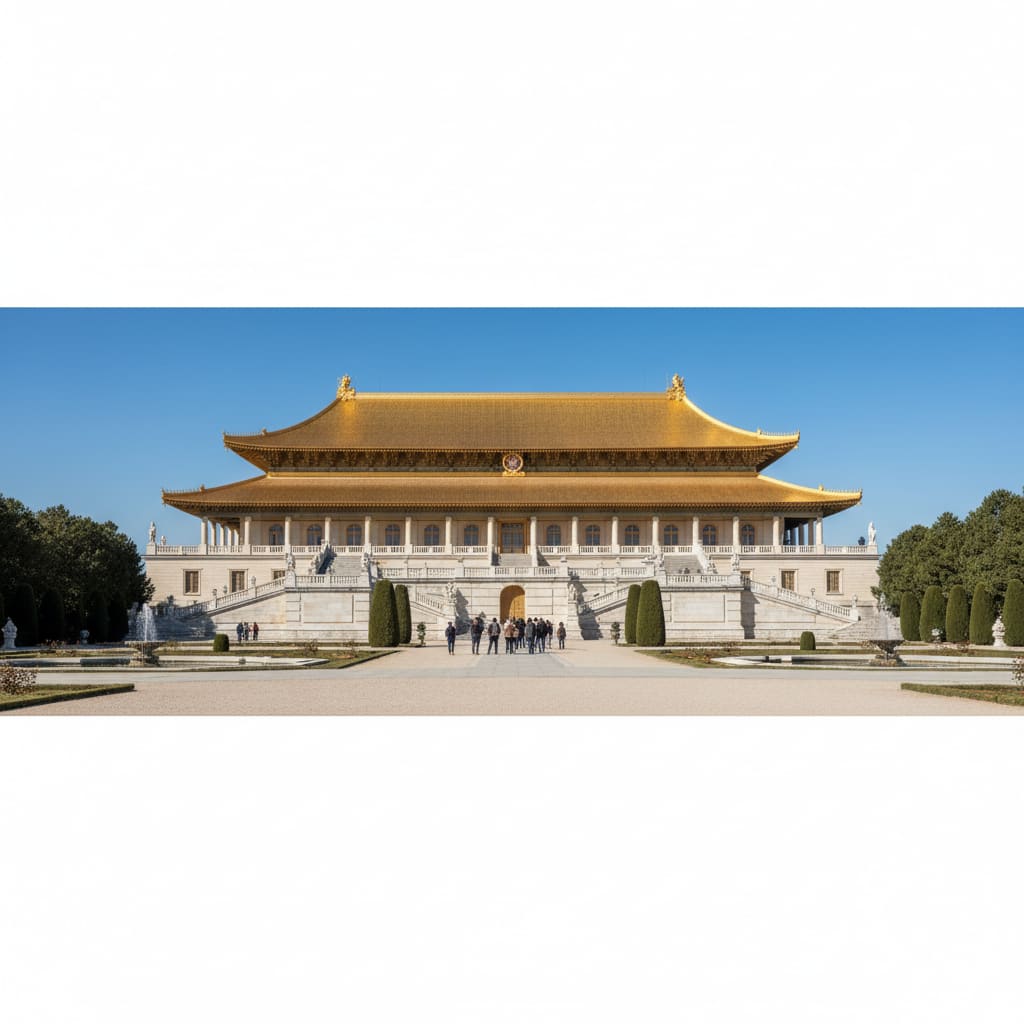 Grand palace hall exterior with golden roof and stone terraces