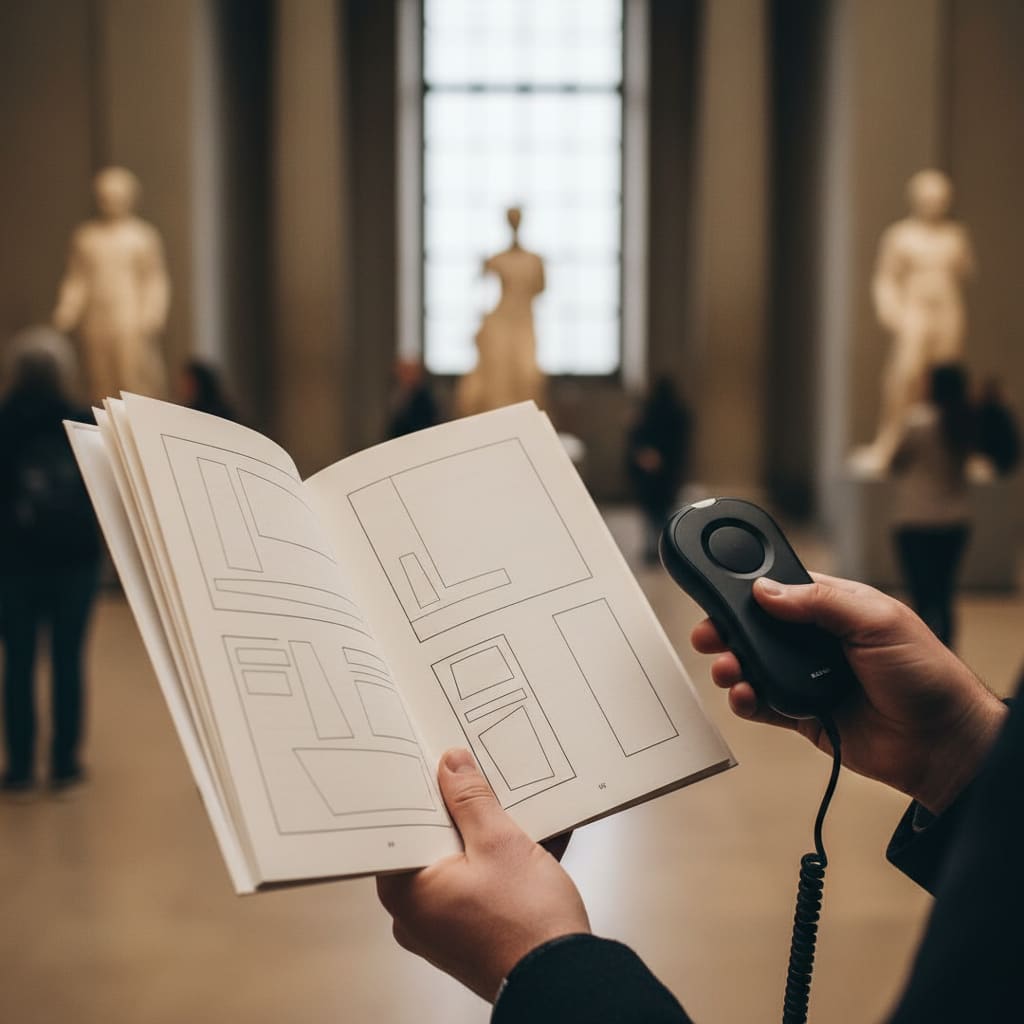 Audio guide device and printed booklet in English