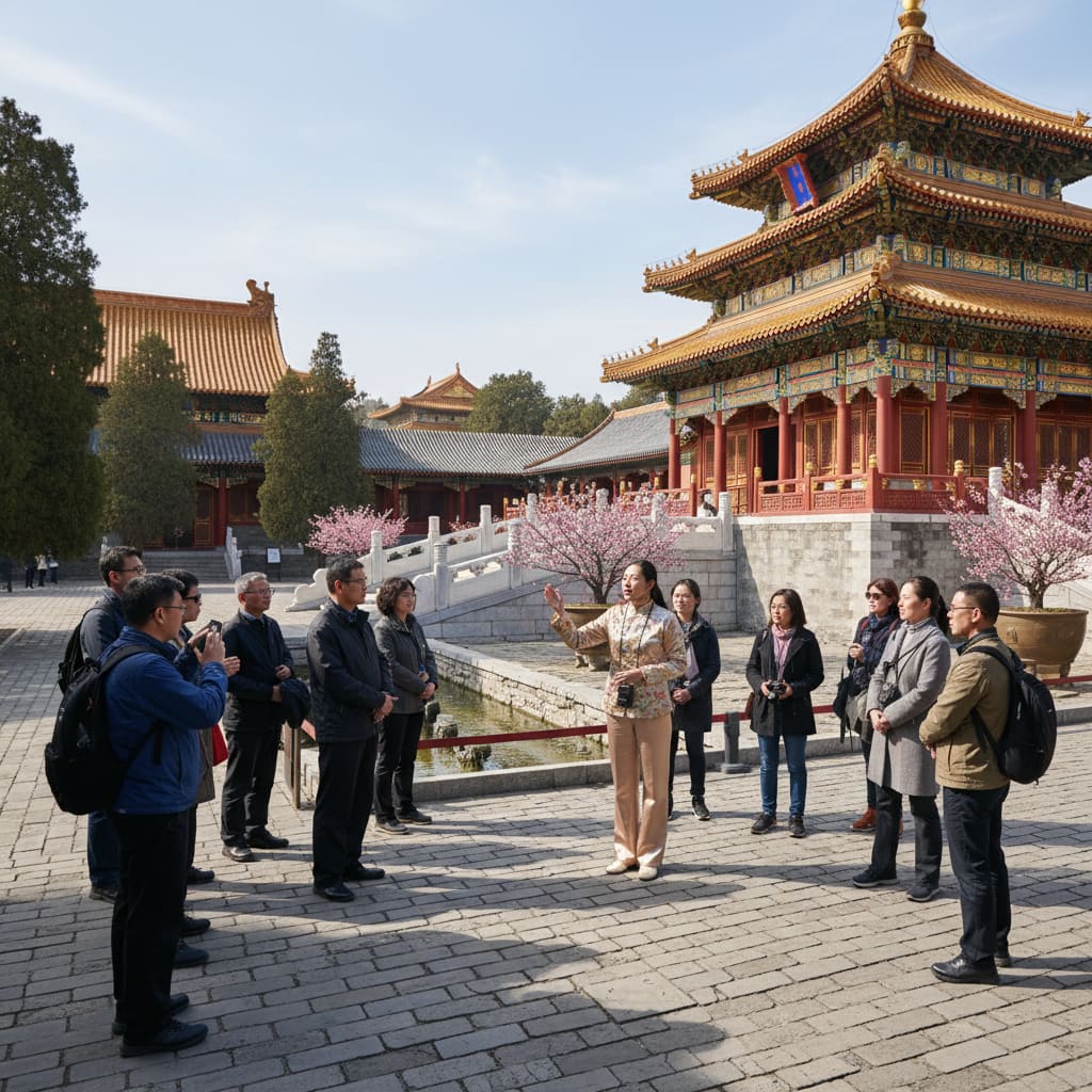 Guide leading a small group in a palace courtyard
